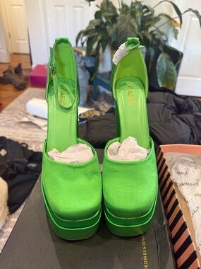 Satin Platform Ankle-Strap Pumps in Bright Green